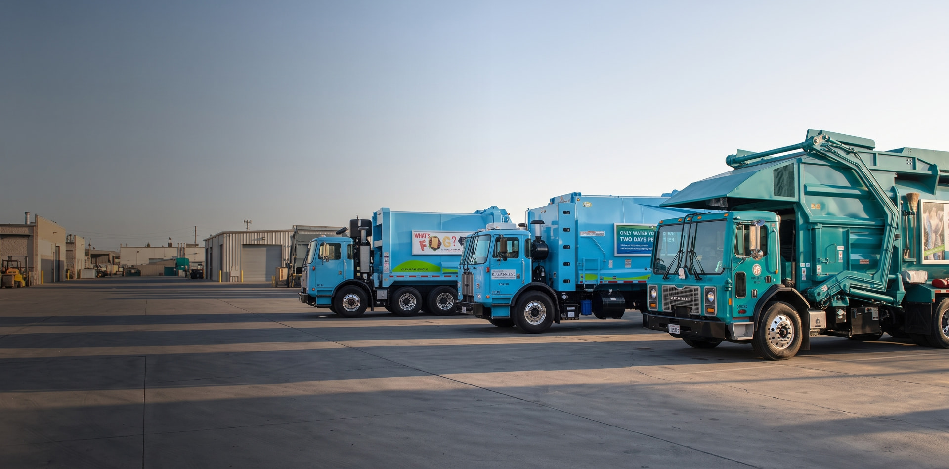 Three municipal refuse trucks parked in a fleet yard at sunrise, displaying Roadway campaign panels.