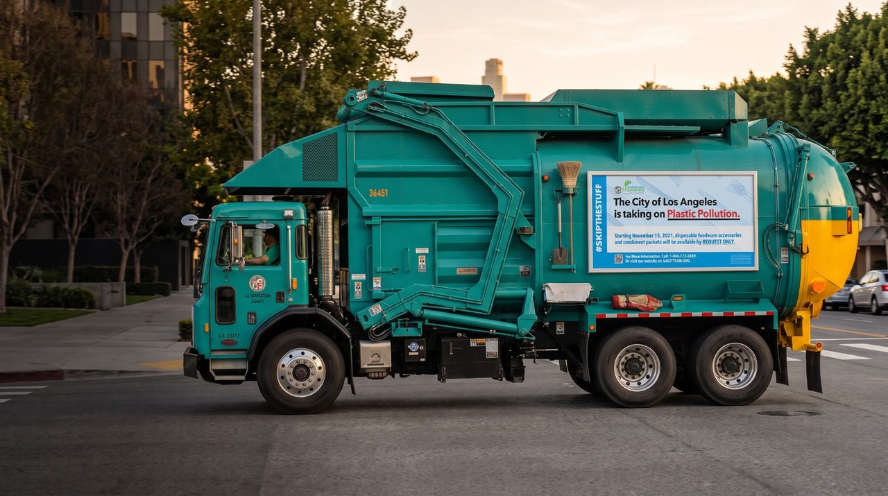 City of Los Angeles collection truck displaying a Roadway campaign panel in a permanent quick-change frame.