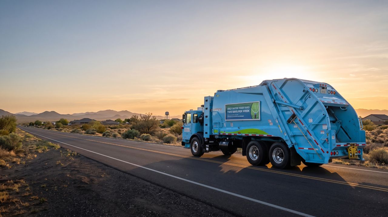 City of Sacramento collection truck displaying a Roadway water-conservation panel reminding residents to water their yards two days per week.