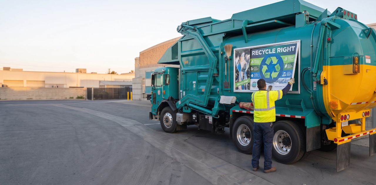 Illustrative fleet-yard scene of a municipal crew member handling a printed recycling campaign panel beside a permanent Roadway frame mounted on a refuse truck