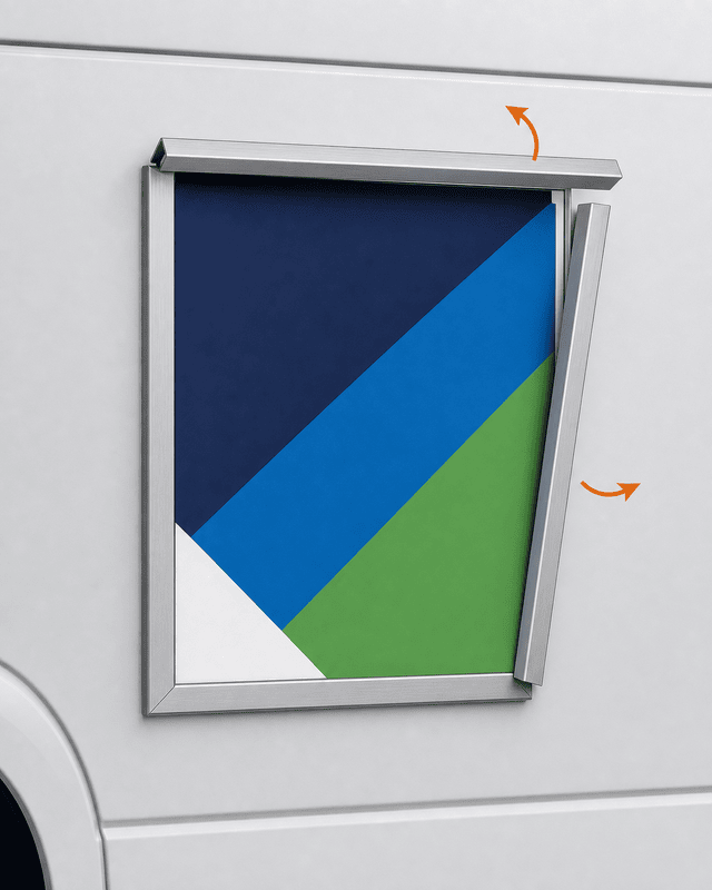 Conceptual illustration of a Roadway Displays permanent aluminum frame with its top and right spring-loaded edges opened around an interchangeable printed panel.